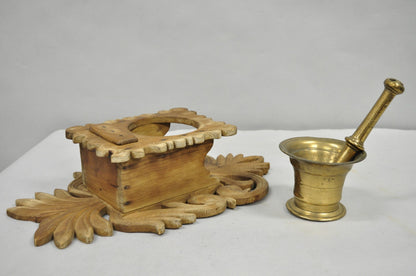 Antique Arts & Crafts Apothecary Wood Carving Wall Mounted Brass Mortar & Pestle