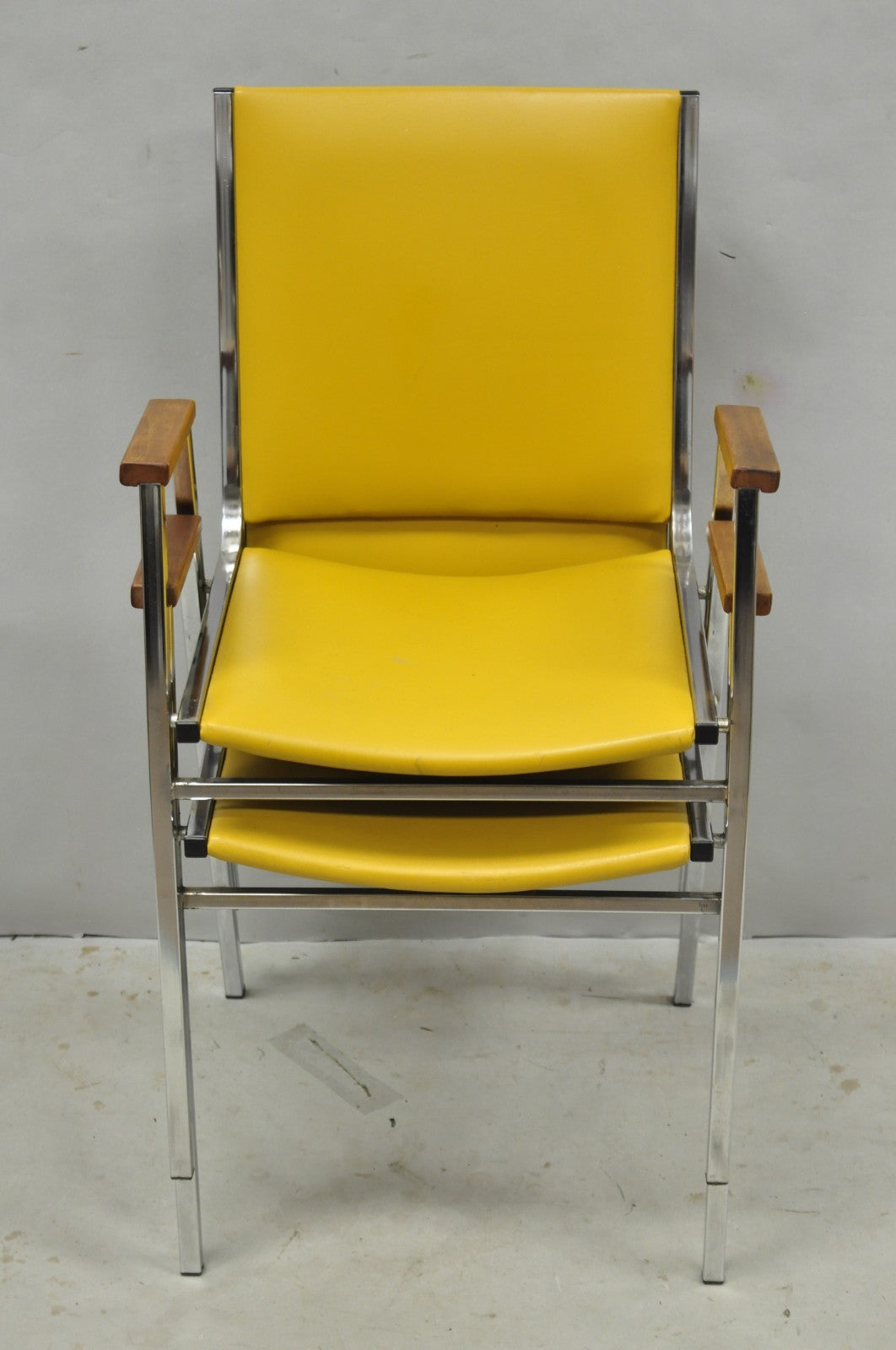 Vintage Nightingale Mid Century Modern Chrome & Yellow Vinyl Stacking Chair Pair