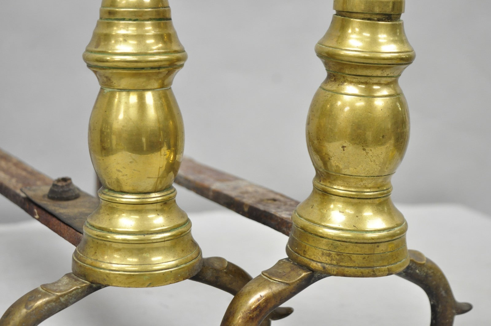Antique English Colonial Brass Cannonball Branch Leg Andirons w/ Patina - a Pair