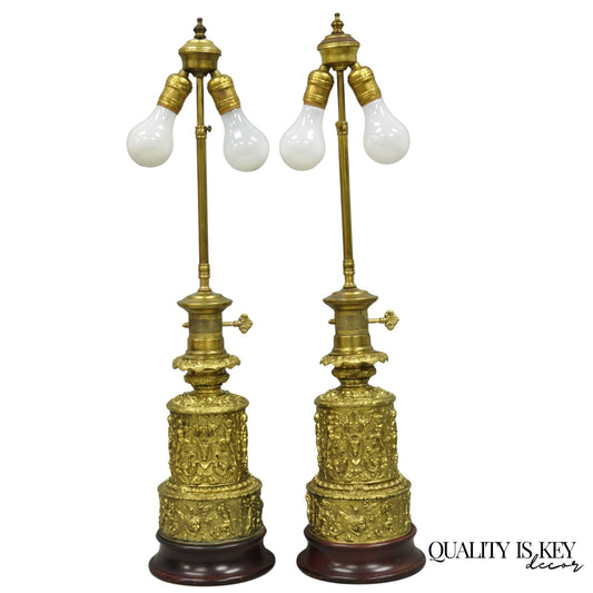 Antique French Neoclassical Figural Brass Repousse Cherub Lion Table Lamp - Pair