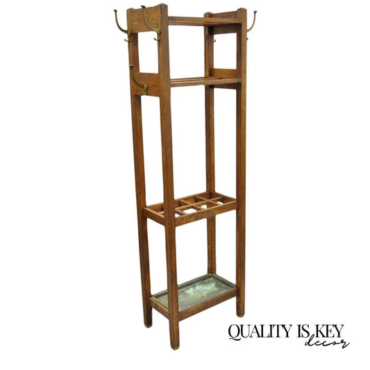 Antique Mission Arts & Crafts Oak Wood Coat Hook Hall Tree Umbrella Stand