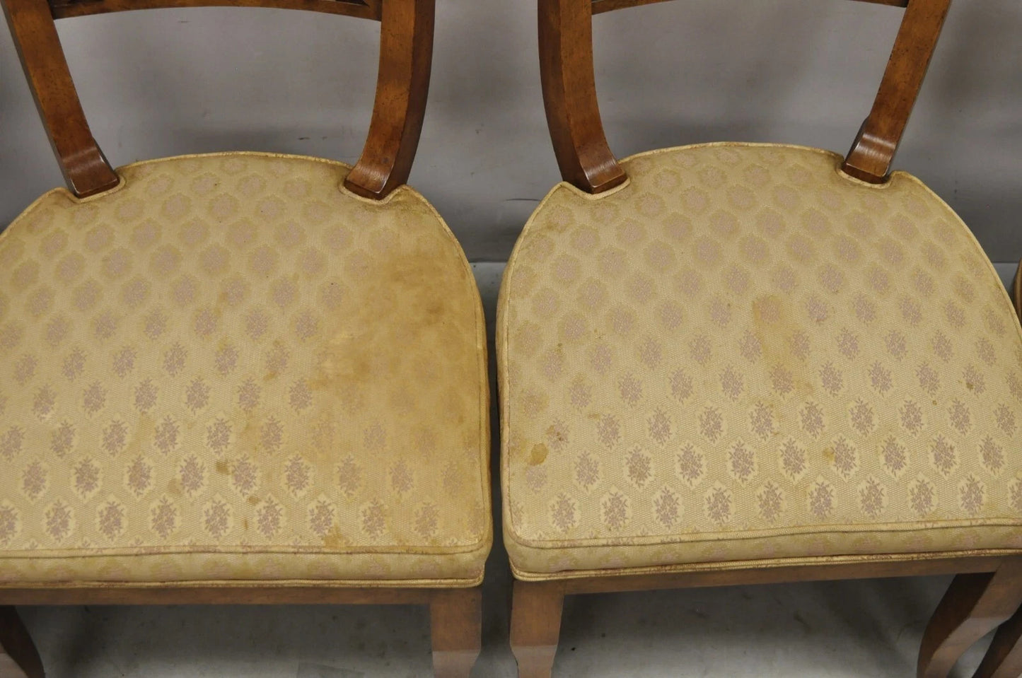Vintage Italian Regency Burl Wood Brass Inlay Tall Back Dining Chairs - Set of 4