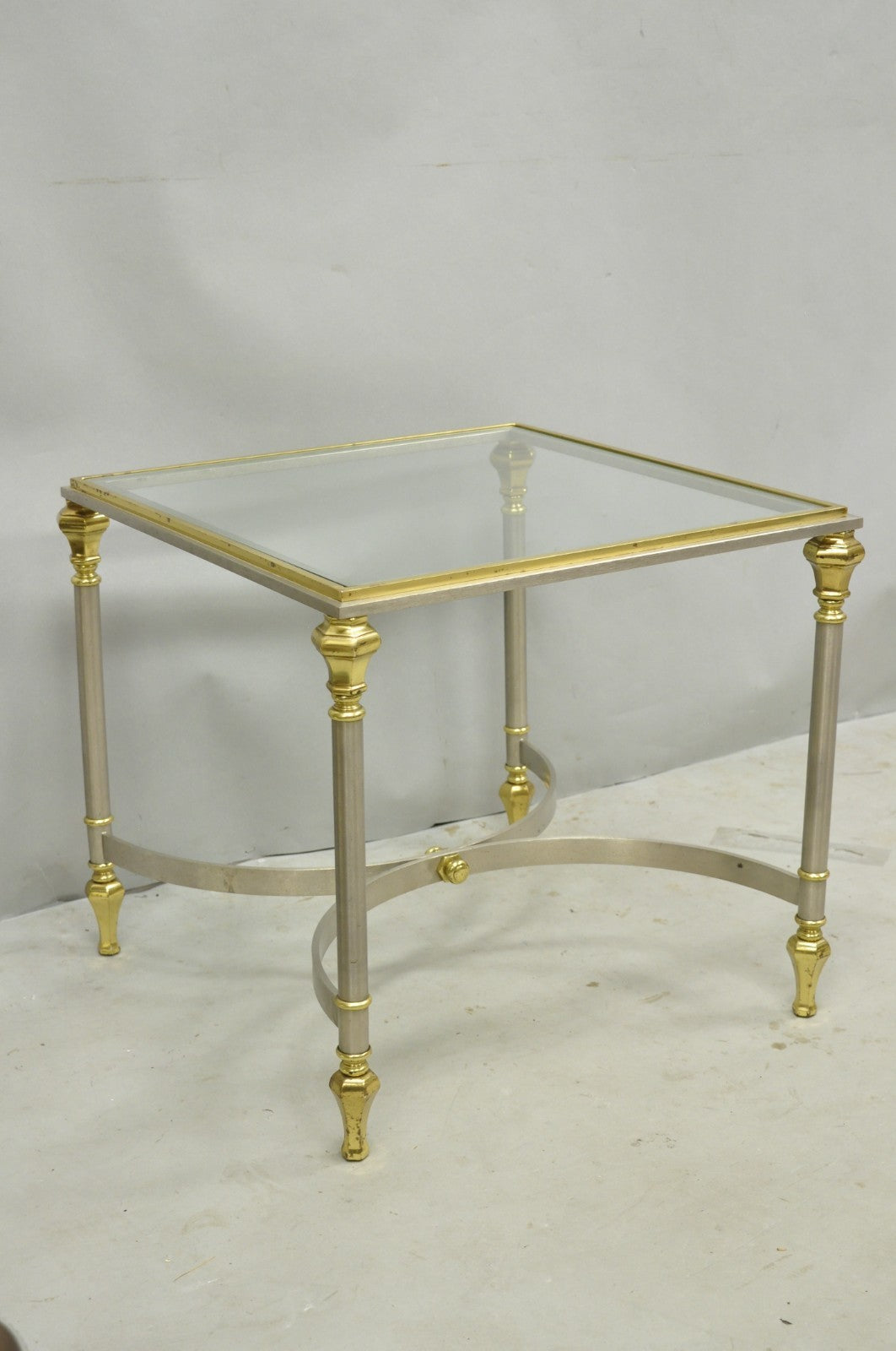 Vintage French Directoire Maison Jansen Style Steel Brass Low Square Side Table