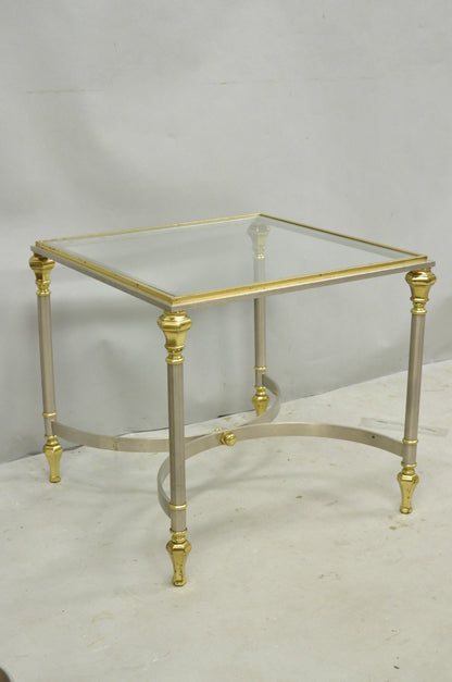 Vintage French Directoire Maison Jansen Style Steel Brass Low Square Side Table