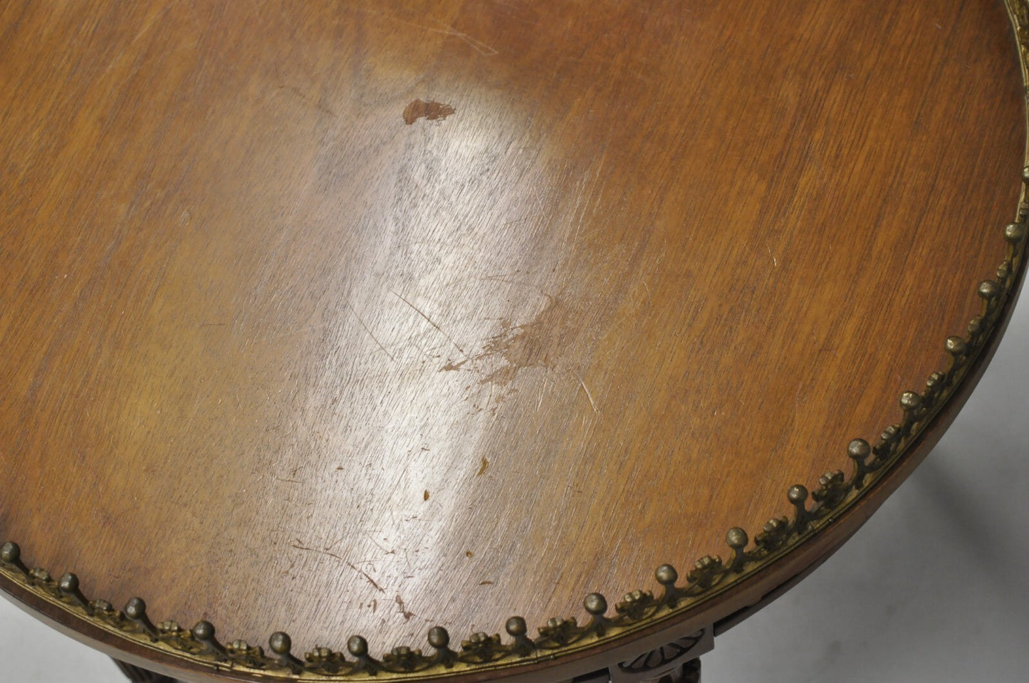Vintage French Empire Mahogany 25" Round Coffee Table with Brass Gallery