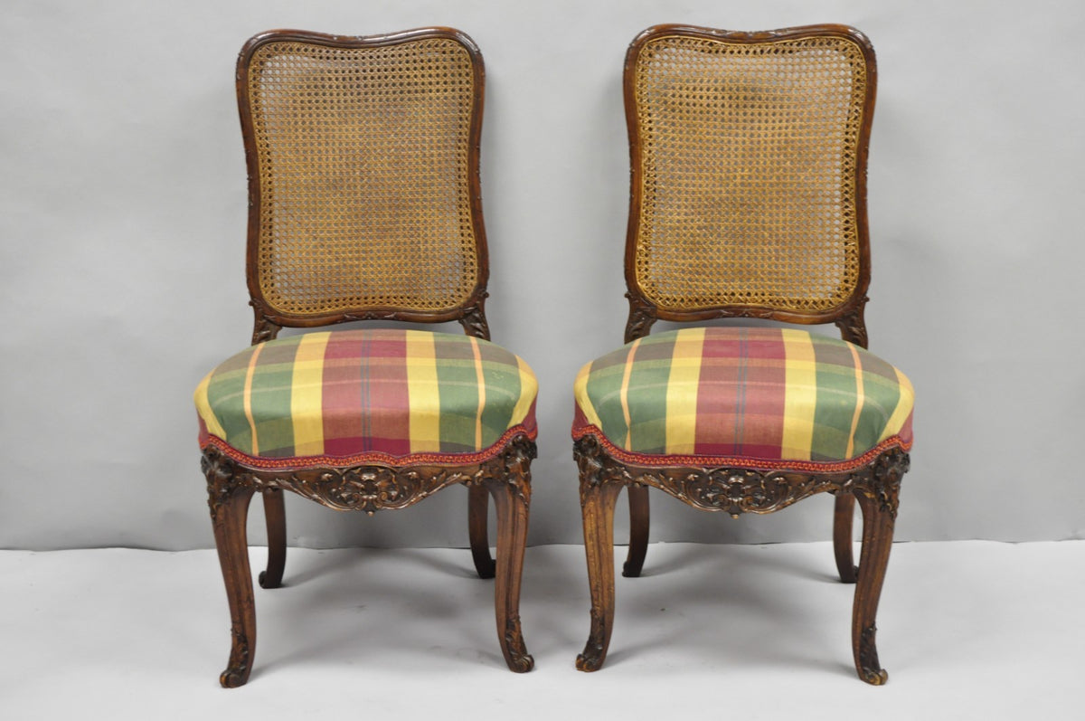 Antique French Country Louis XV Carved Walnut Cane Back Side Chairs - a Pair