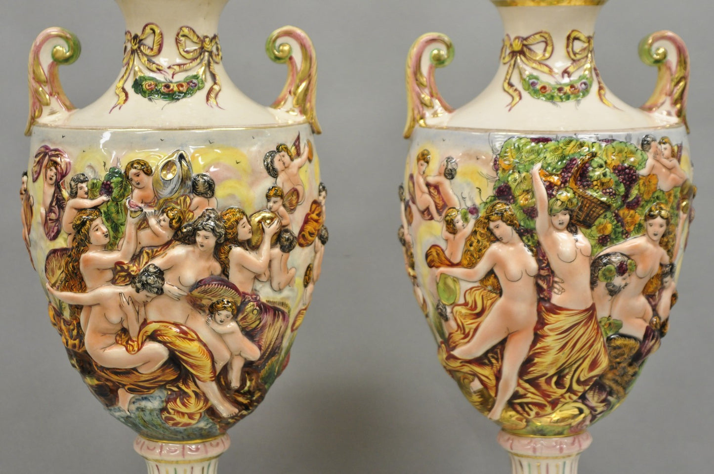 Antique Italian Capodimonte Ceramic Porcelain Figural Urn Table Lamps - a Pair