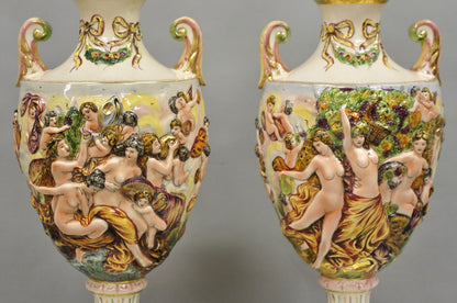 Antique Italian Capodimonte Ceramic Porcelain Figural Urn Table Lamps - a Pair