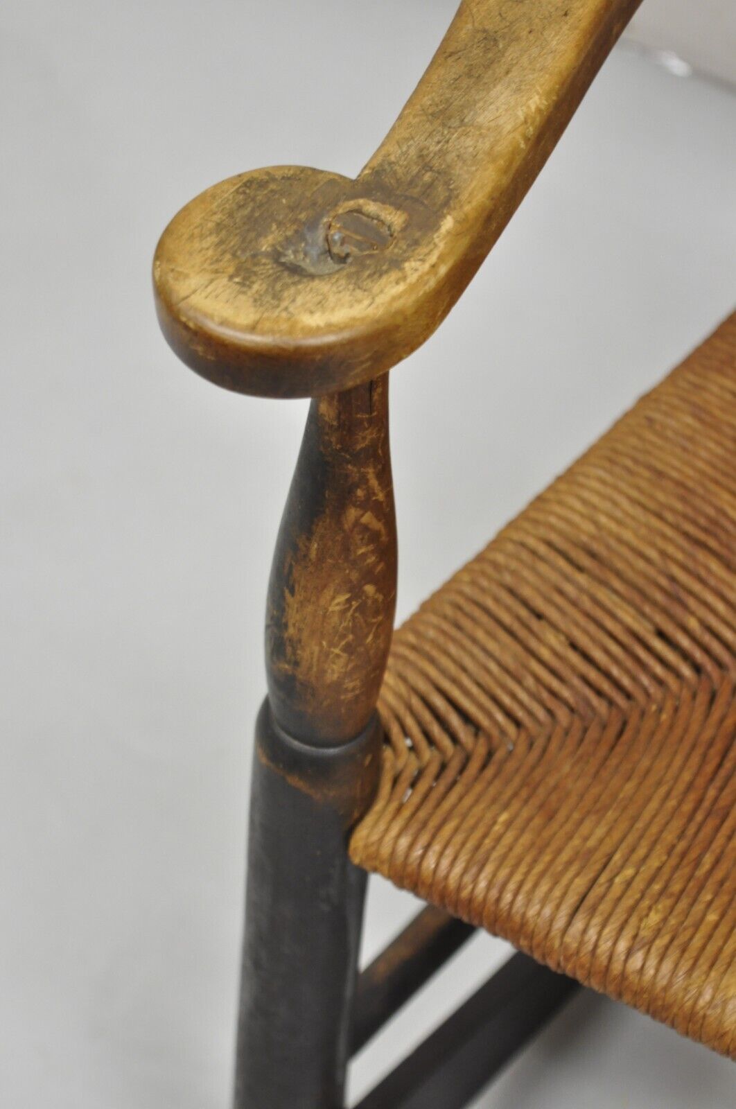 Antique American Primitive Shaker Ebonized Wood Rush Seat Rocker Rocking Chair