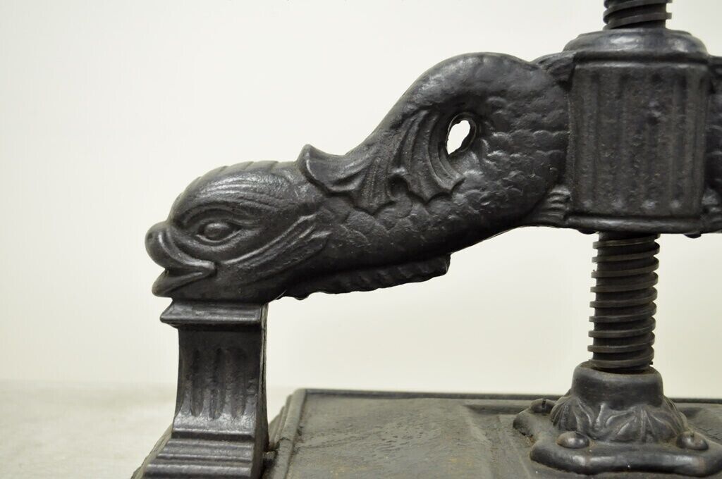 Antique 19th C. Cast Iron Classical Figural Dolphin Victorian Book Press