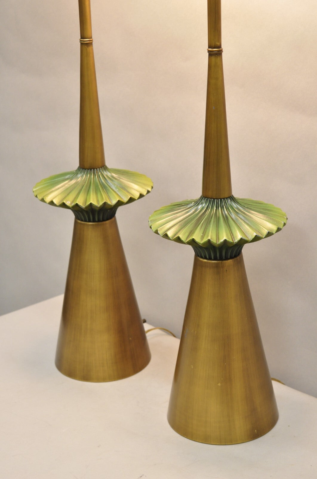 Vintage Mid Century Modern Atomic Era Green Flying Saucer Gold Table Lamp - Pair
