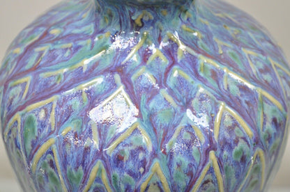 Mid Century Modern Ceramic Pottery Glazed Feather Pulled 20" Purple Blue Vase