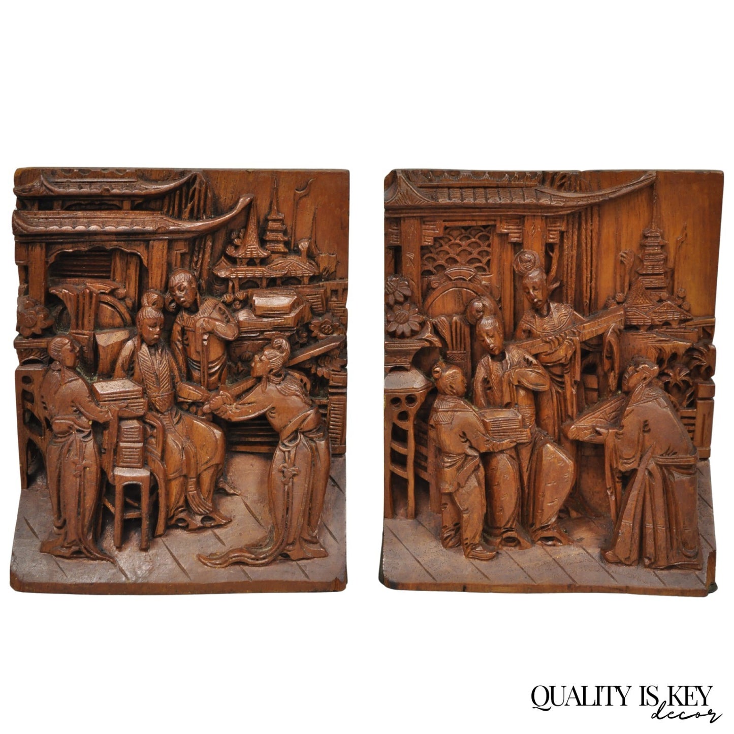 Vintage Chinese Hand Carved Hard Wood Scholar Bookends by George Zee - a Pair