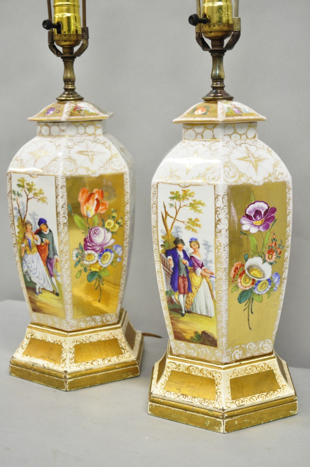Antique French Victorian Hand Painted Gold Gilt Ginger Jar Table Lamps - a Pair