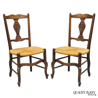 Antique William & Mary Style Carved Walnut Rose Rush Seat Side Chairs - a Pair