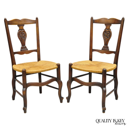 Antique William & Mary Style Carved Walnut Rose Rush Seat Side Chairs - a Pair