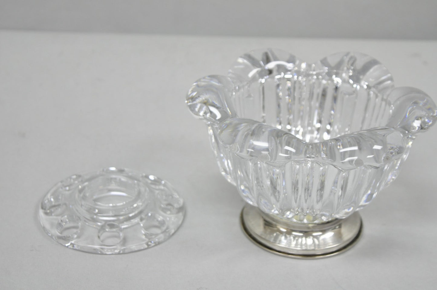 Vintage French Mid Century Modern Crystal Glass Flower Frog Flower Holder Vase