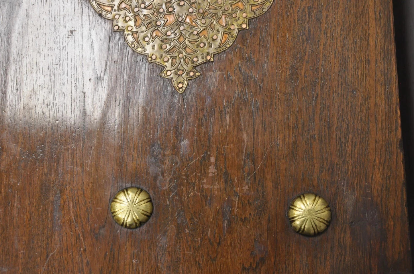 Antique Anglo Indian Oak Wood & Brass Mounted Syrian Coffer Blanket Chest Trunk