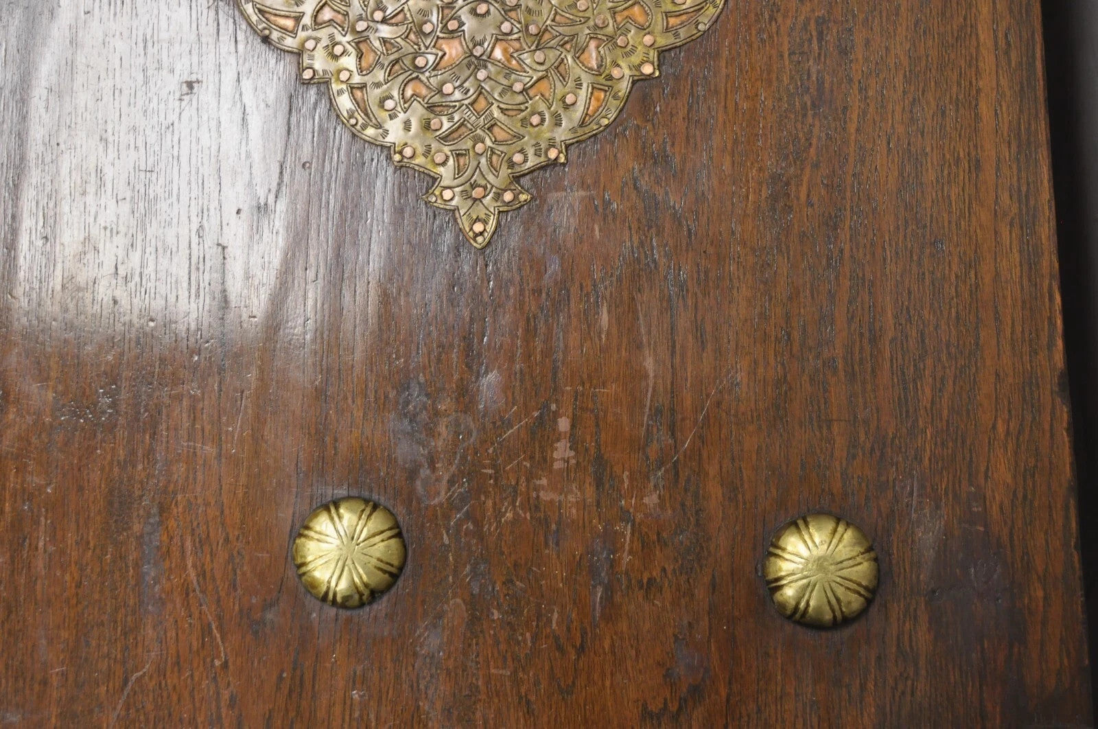 Antique Anglo Indian Oak Wood & Brass Mounted Syrian Coffer Blanket Chest Trunk