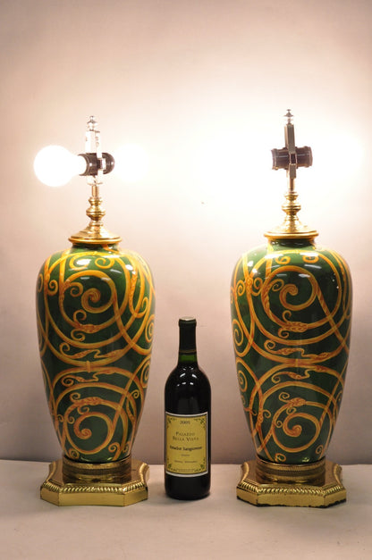Hollywood Regency Green & Gold Scroll Painted Ceramic Table Lamps - a Pair