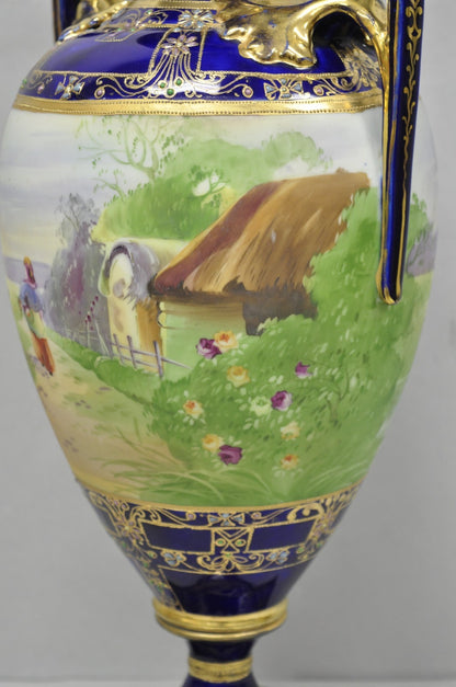 Antique Nippon Hand Painted Cobalt Blue Porcelain Twin Handle Bolted Urn Vase