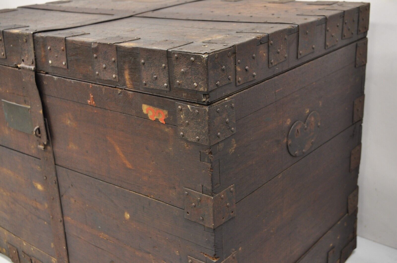 19th C. English Oak Wood and Steel Banded Safe Storage Cabinet Chest Trunk