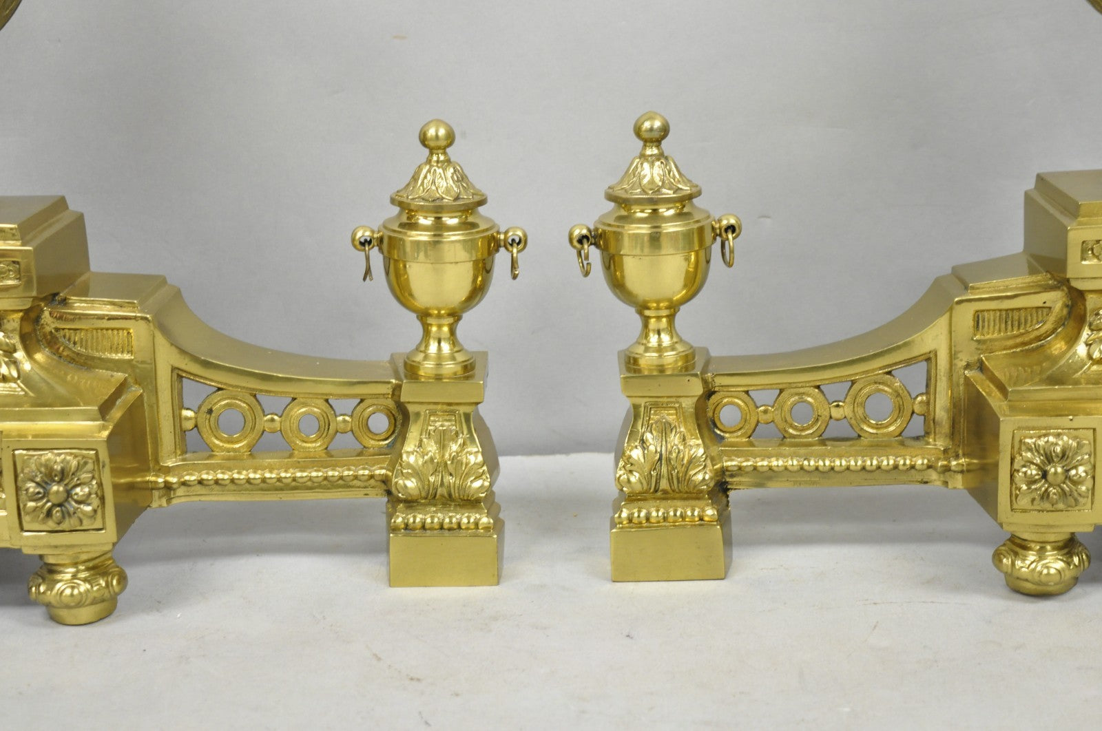 Vintage French Empire Style Gold Brass Urn Fireplace Chenet Andirons - a Pair