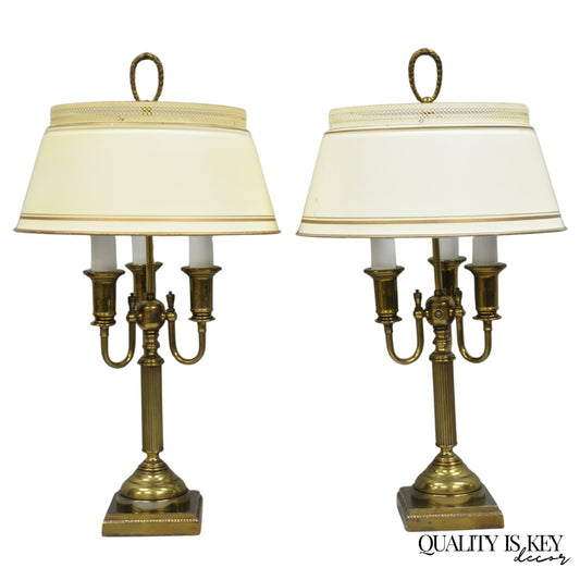 Vintage French Country Tole Metal Shade Brass Column Candelabra Table Lamps Pair