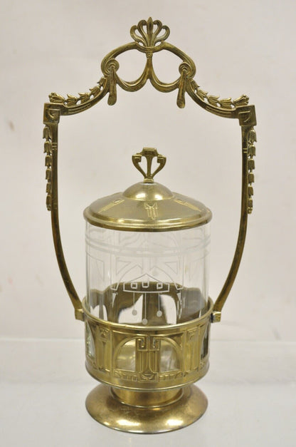 Antique German Art Nouveau Brass Metal Pickle Castor w/ Etched Glass Insert