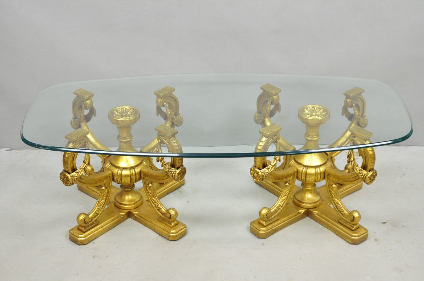 Vintage Italian Hollywood Regency Gold Gilt Metal Double Pedestal Coffee Table