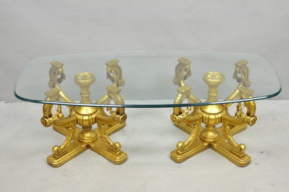 Vintage Italian Hollywood Regency Gold Gilt Metal Double Pedestal Coffee Table