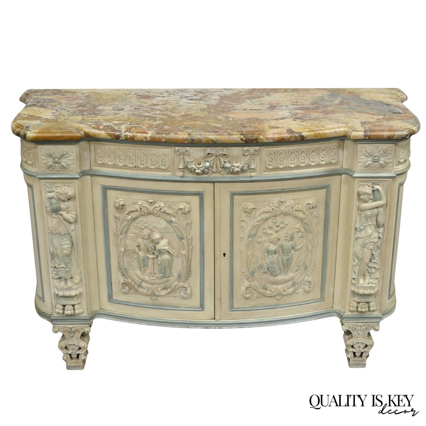 French Renaissance White Blue Painted Figural Carved Marble Top Buffet Commode