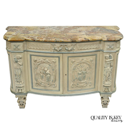 French Renaissance White Blue Painted Figural Carved Marble Top Buffet Commode