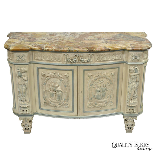 French Renaissance White Blue Painted Figural Carved Marble Top Buffet Commode