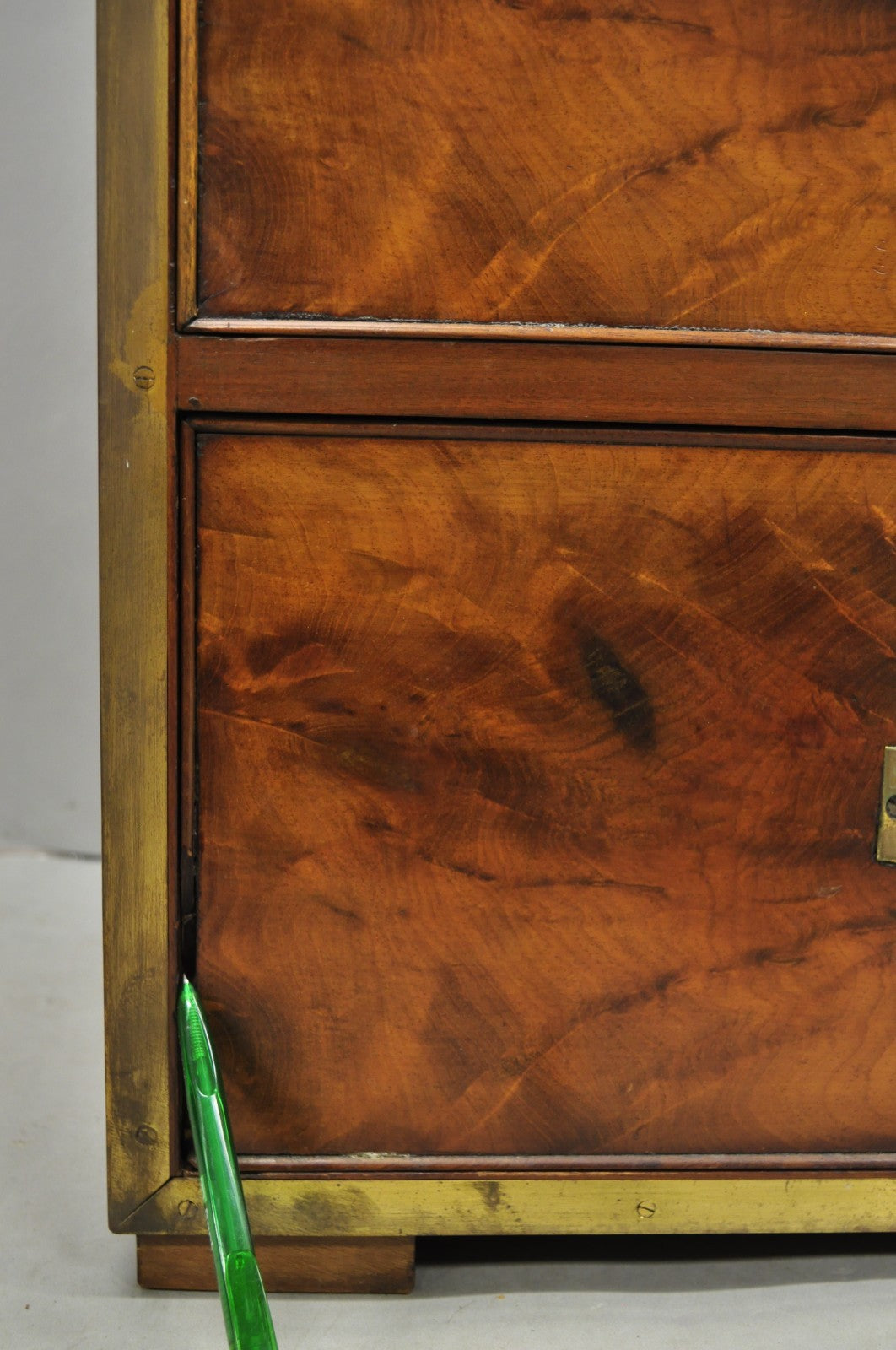 Antique English 4 Drawer Brass Banded Burr Walnut Campaign Chest Dresser