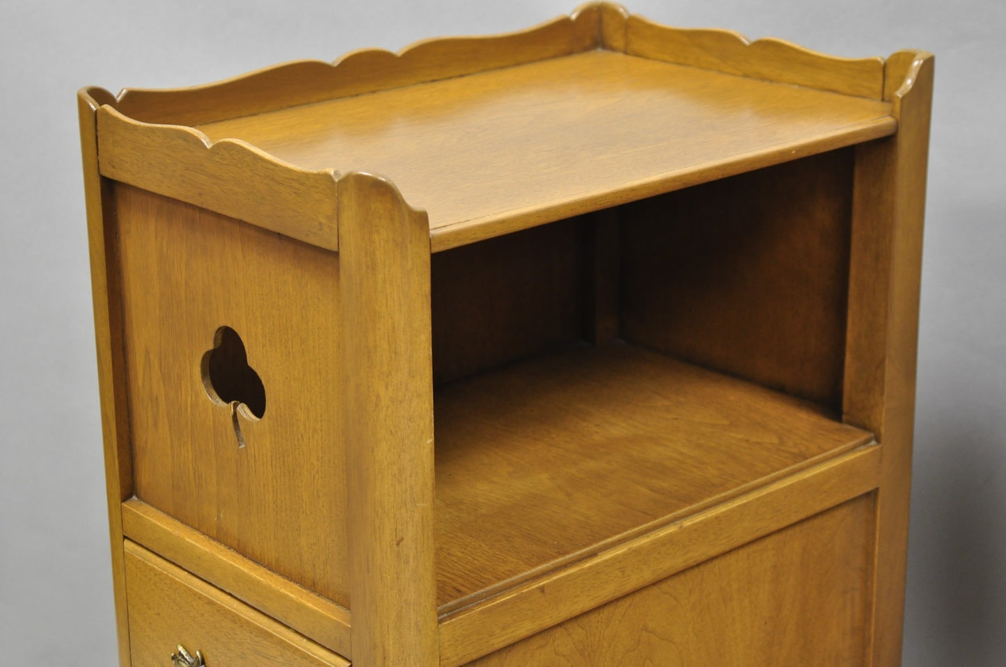 Vintage French Country Provincial Walnut Nightstand Bedside Table w/ Cubby, Pair