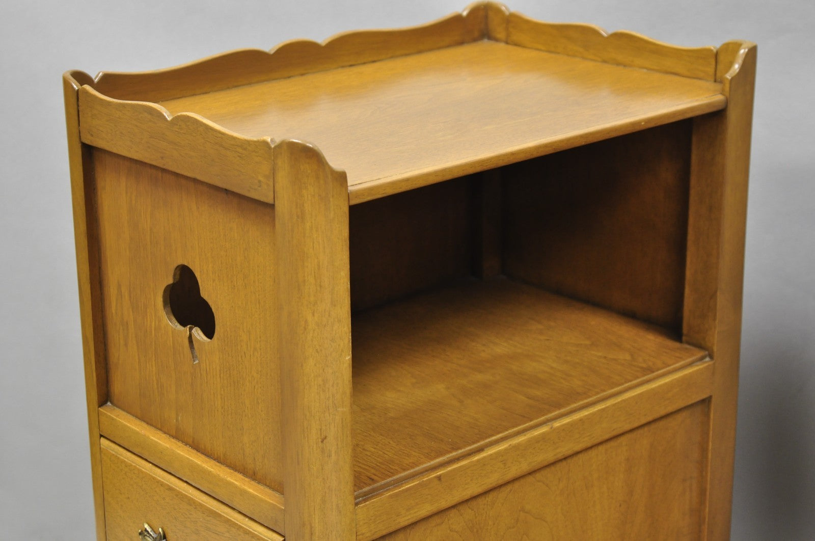 Vintage French Country Provincial Walnut Nightstand Bedside Table w/ Cubby, Pair