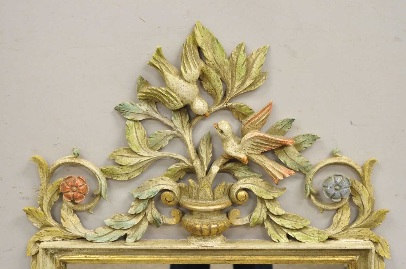Vintage Italian Neoclassical Carved Wood Painted Birds & Flowers Wall Mirror