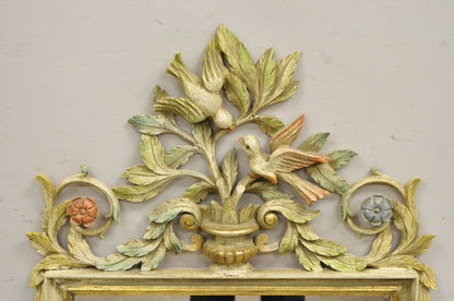 Vintage Italian Neoclassical Carved Wood Painted Birds & Flowers Wall Mirror