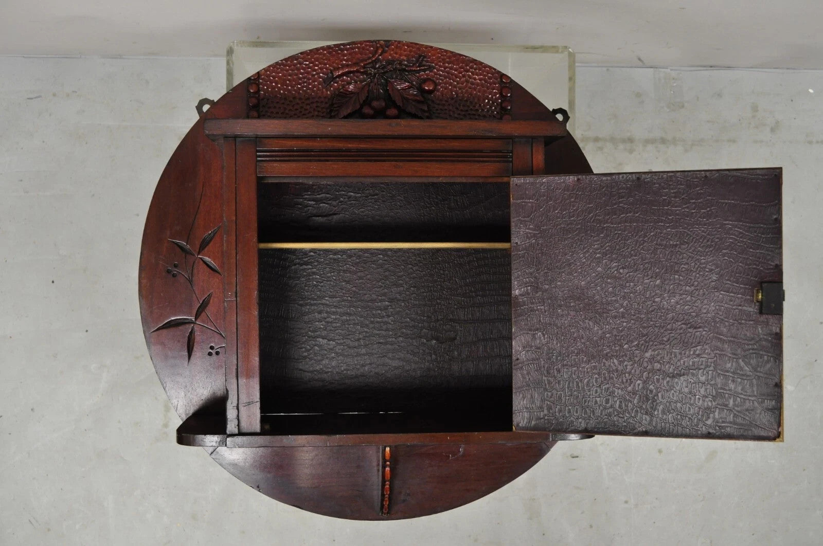 Antique Victorian Black Forest Carved Round Wall Mirror Curio Cabinet