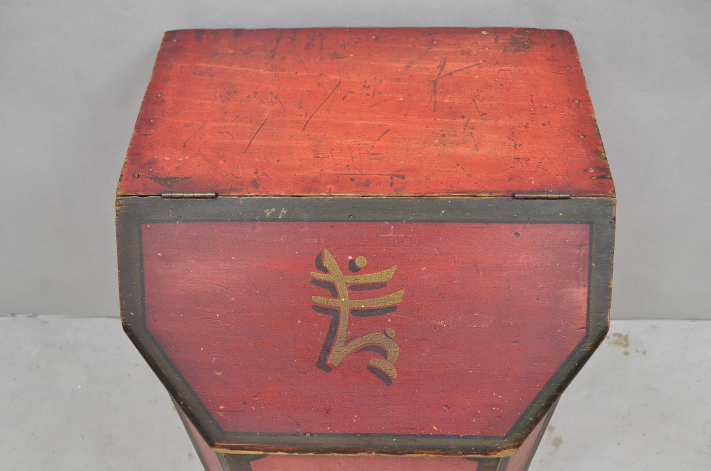 Antique British Colonial Red Painted Wooden Store Tea Coffee Bin w/ Asian Symbol