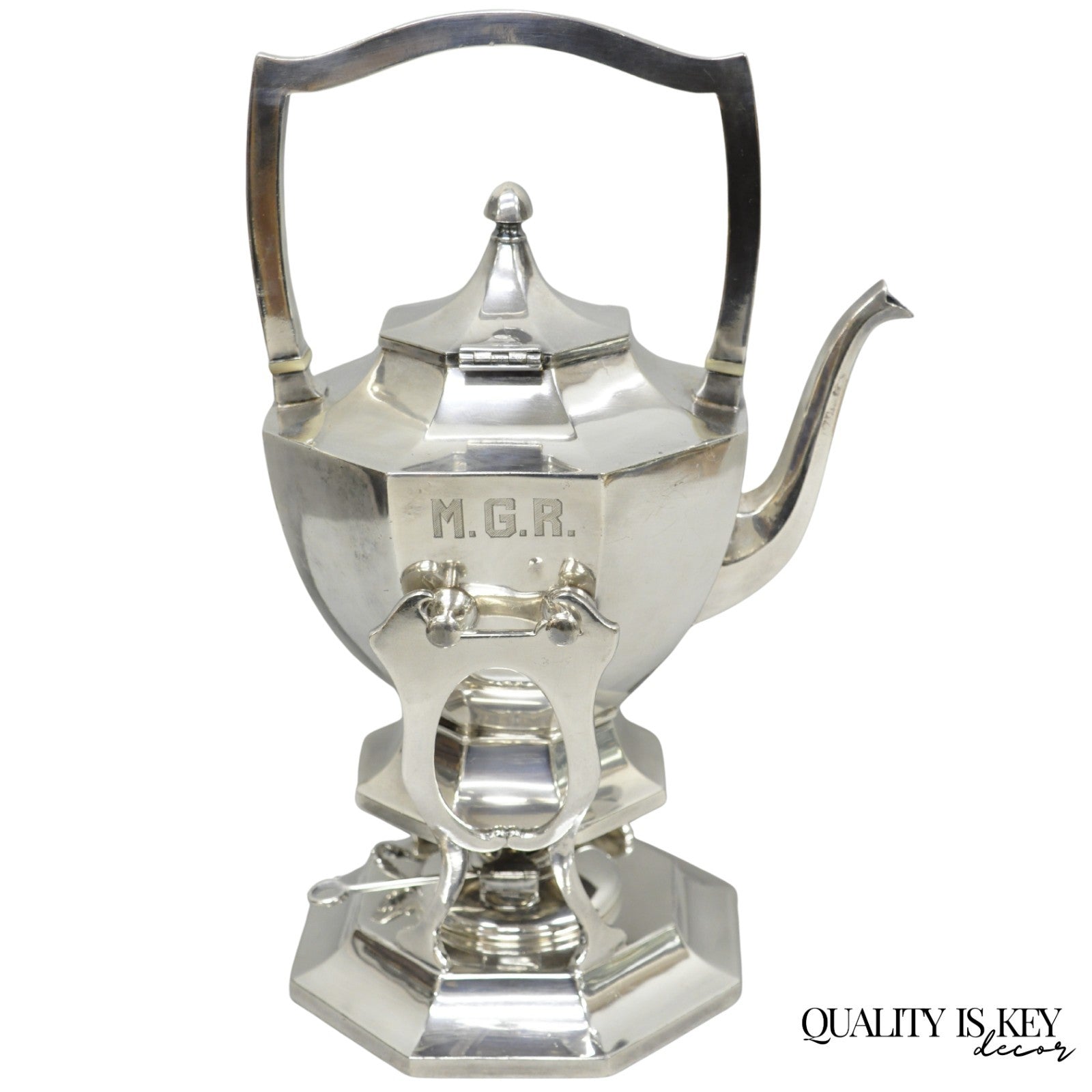 Antique Wilcox Art Deco Silver Plated Tilting Coffee Teapot on Stand "M.G.R."