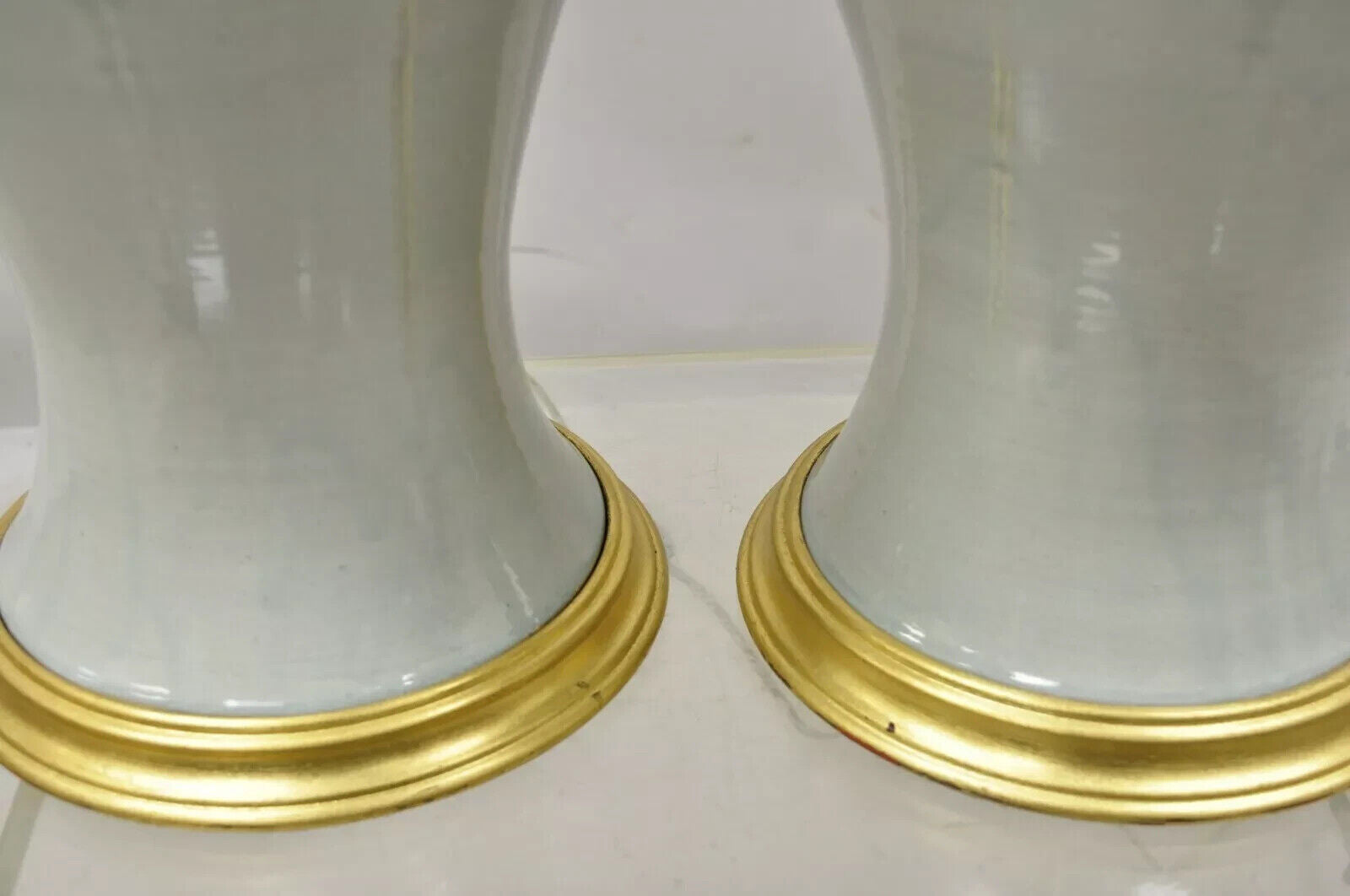 Chinoiserie Porcelain Celadon Green Glazed Ceramic Temple Jar Table Lamps - Pair