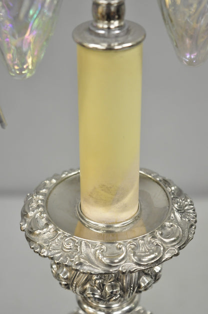 Antique English Victorian Silver Plated Scroll Repousse Candlestick Table Lamp