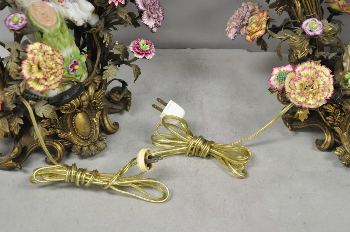 French Louis XV Repro Bronze & Porcelain Candelabra Lamps by United Wilson, Pair