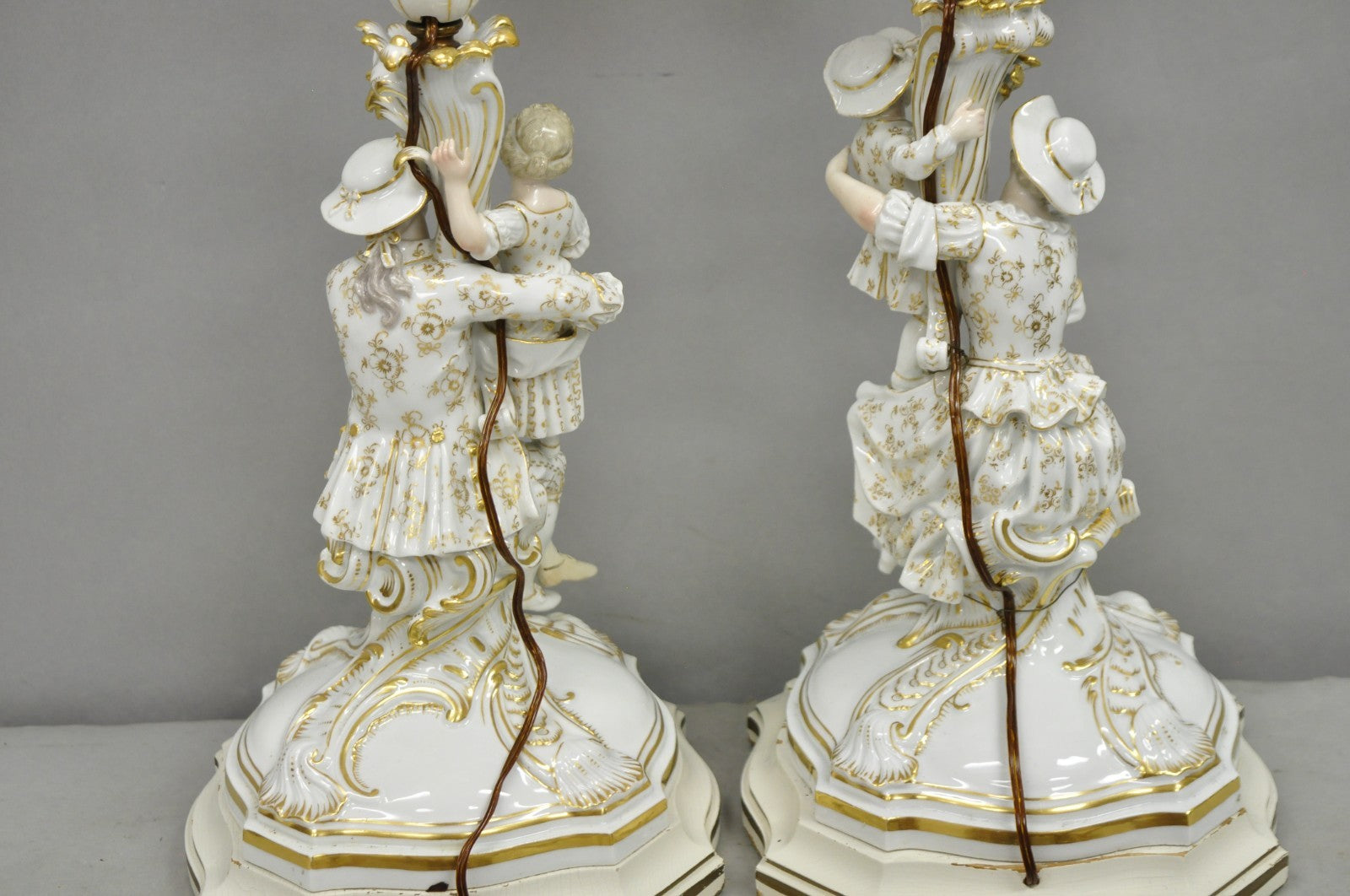 Antique Meissen Porcelain German Figural Lighted Candlestick Table Lamps - Pair