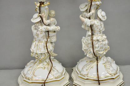 Antique Meissen Porcelain German Figural Lighted Candlestick Table Lamps - Pair