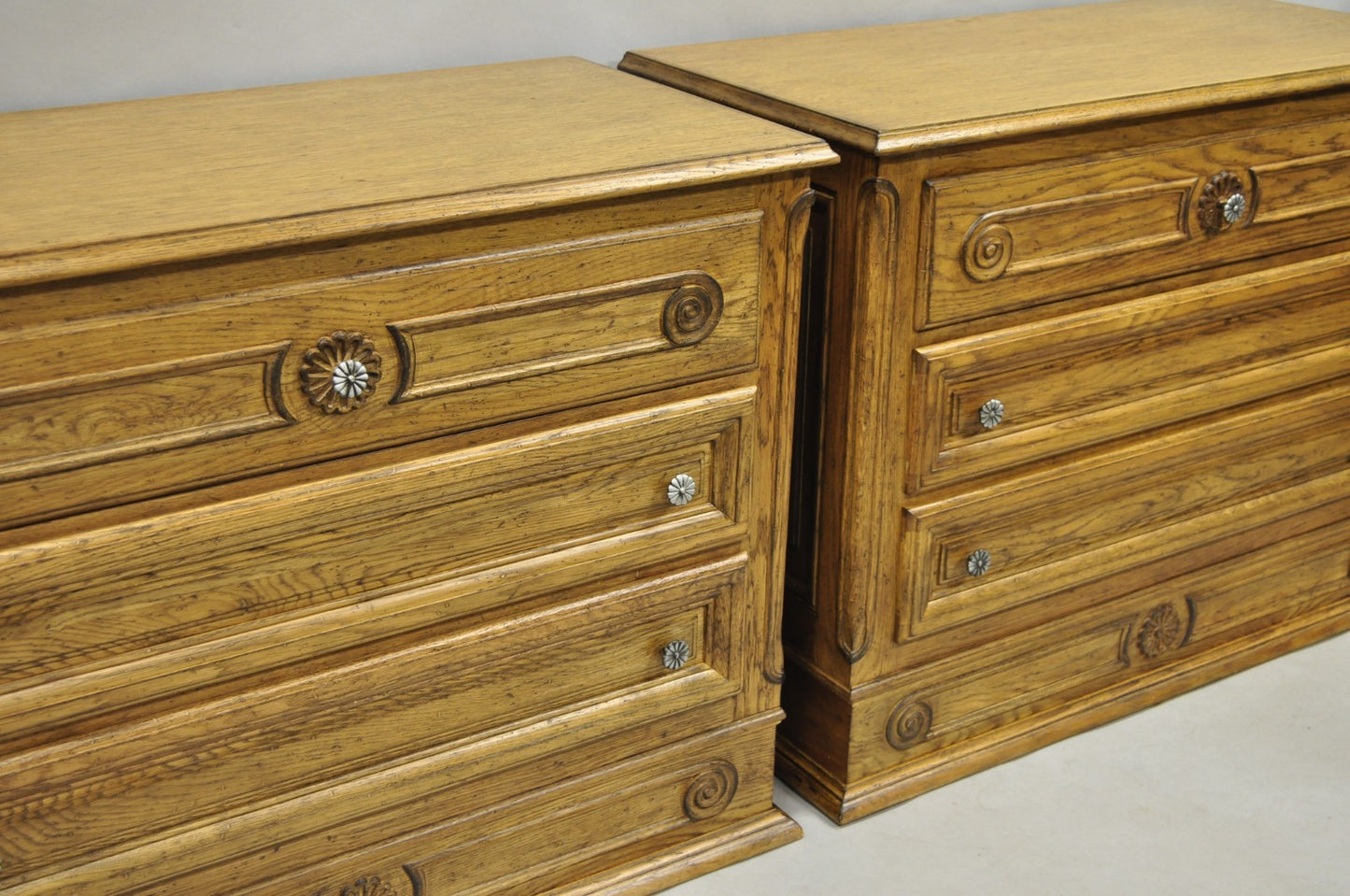 Vintage French Country Provincial Oak Wood 3 Drawer Bachelor Chest Commode Pair