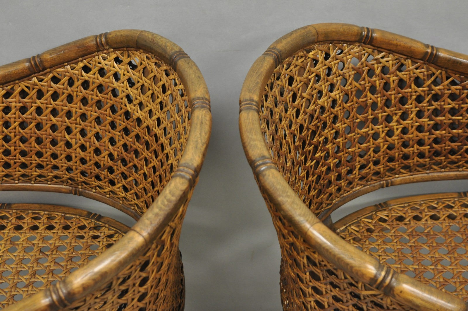 Vintage Hollywood Regency Faux Bamboo Wood & Cane Barrel Back Lounge Chair, Pair