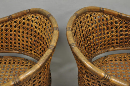 Vintage Hollywood Regency Faux Bamboo Wood & Cane Barrel Back Lounge Chair, Pair